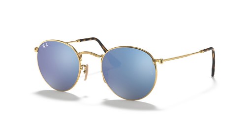Ray-Ban RB3447N مسطحة مستديرة العدسات S (50 - 21) مع العدسات الزرقاء والذهب نظارات الإطار