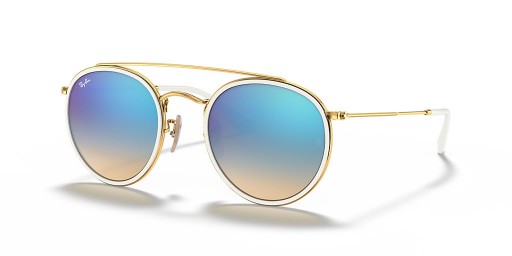 Ray-Ban RB3647N Ronde Dubbele Brug M (51 - 22) met Blauwe lenzen en Goud frame Zonnebrillen